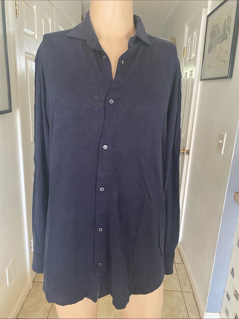 Luca Faloni Men's Navy Blue Button-Down Linen Shirt
